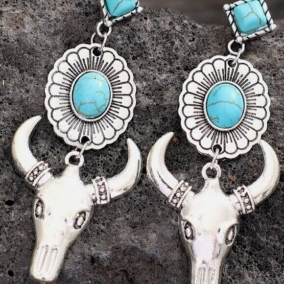 Blue and Silver Western Cowboy Turquoise Tauren Earrings Bohemian - Picture 2 of 5
